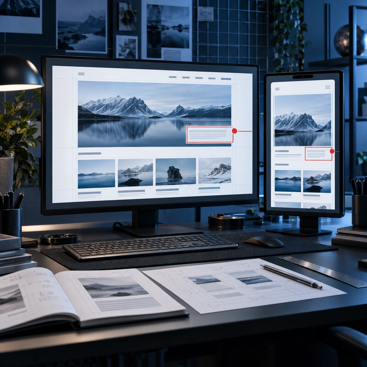 Website review on desktop and tablet with feedback marks