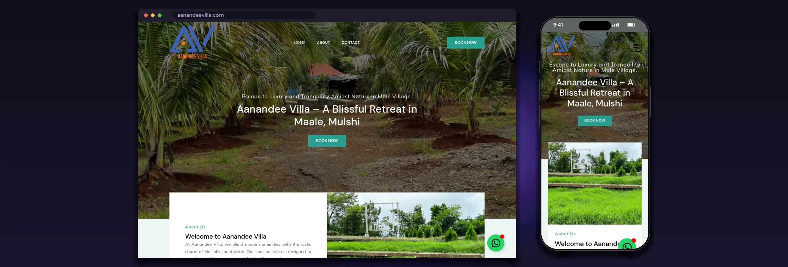Aanandee Villa website home page on desktop and mobile