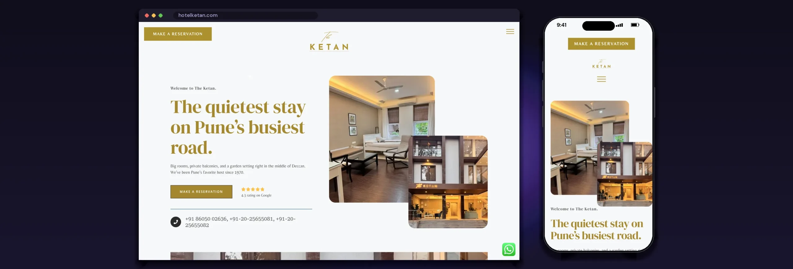 Hotel Ketan website home page on desktop and mobile