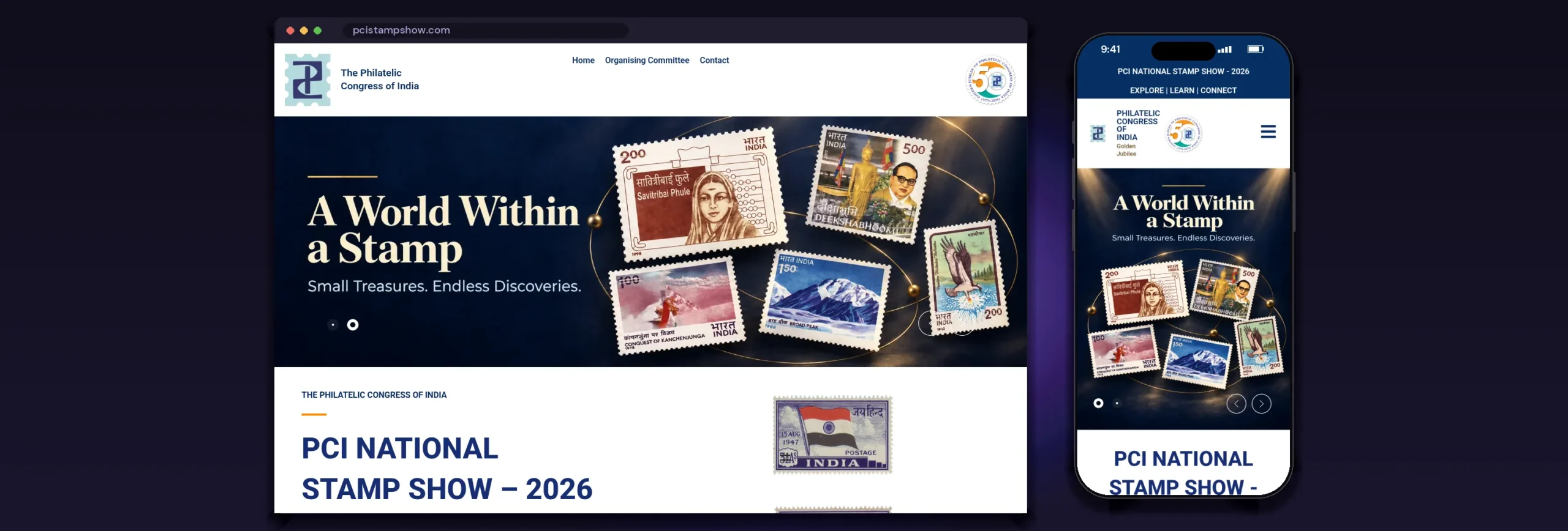 PCI National Stamp Show website home page on desktop and mobile