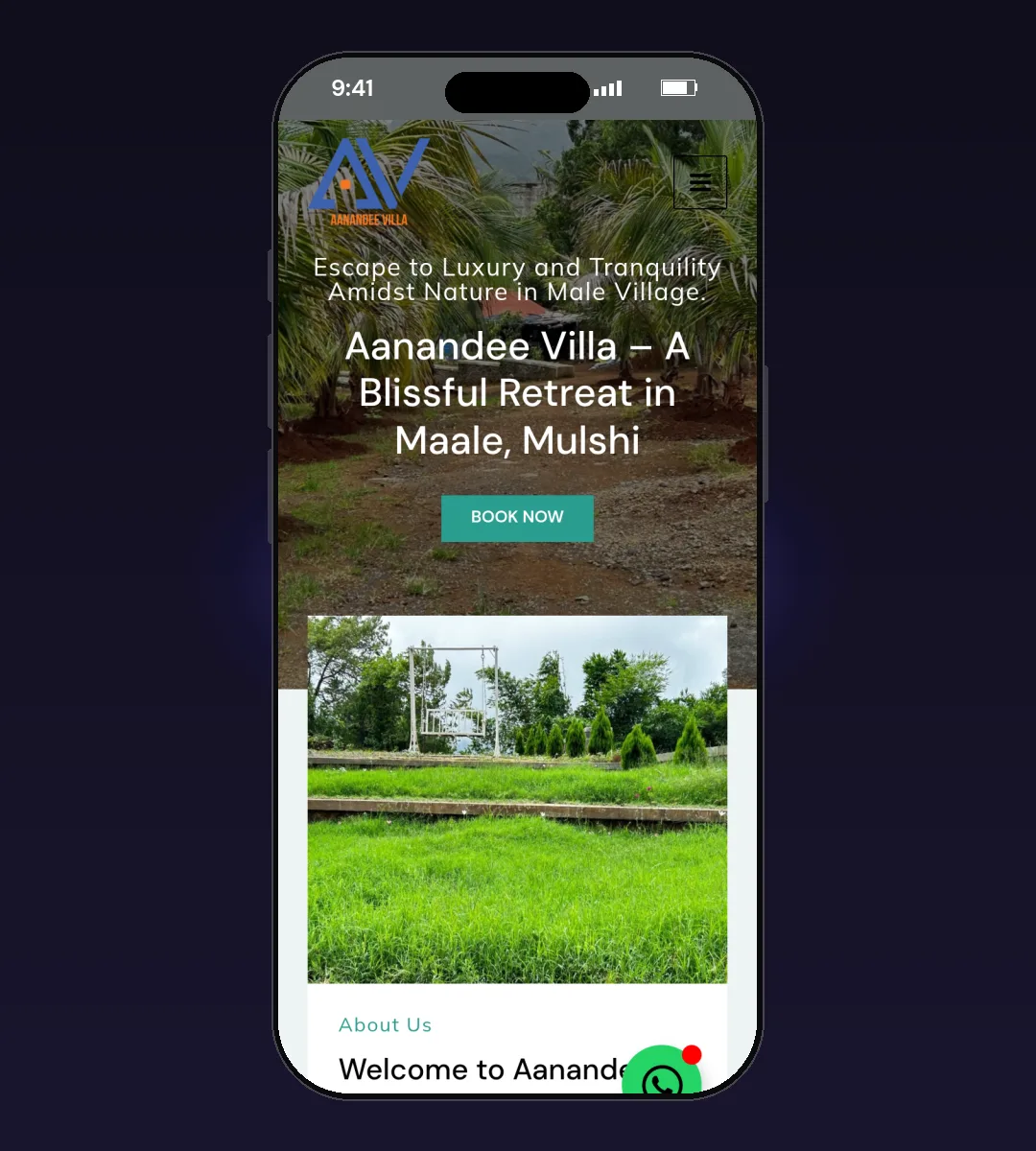 Aanandee Villa website, Home page, on a phone
