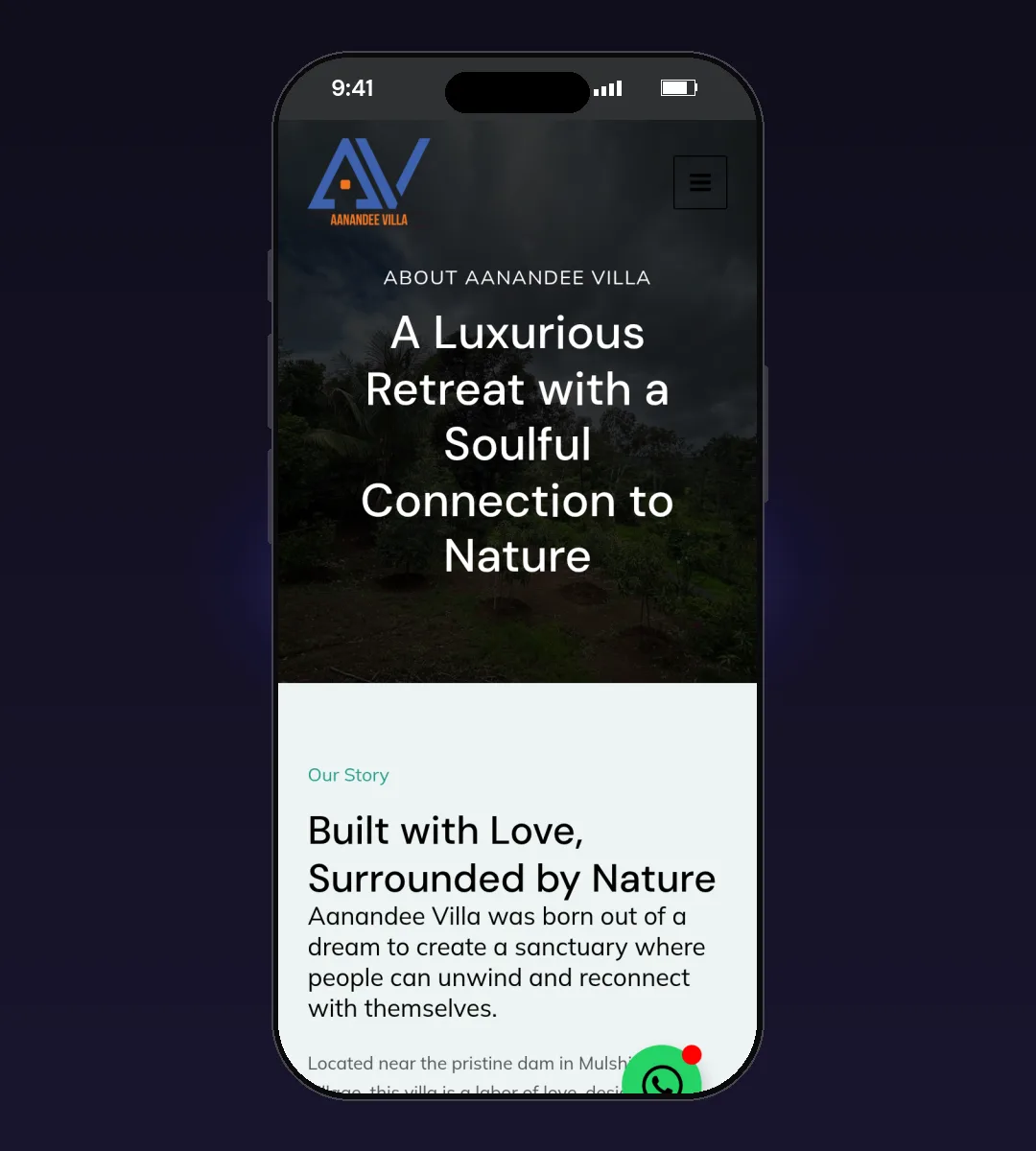 Aanandee Villa website, About page, on a phone