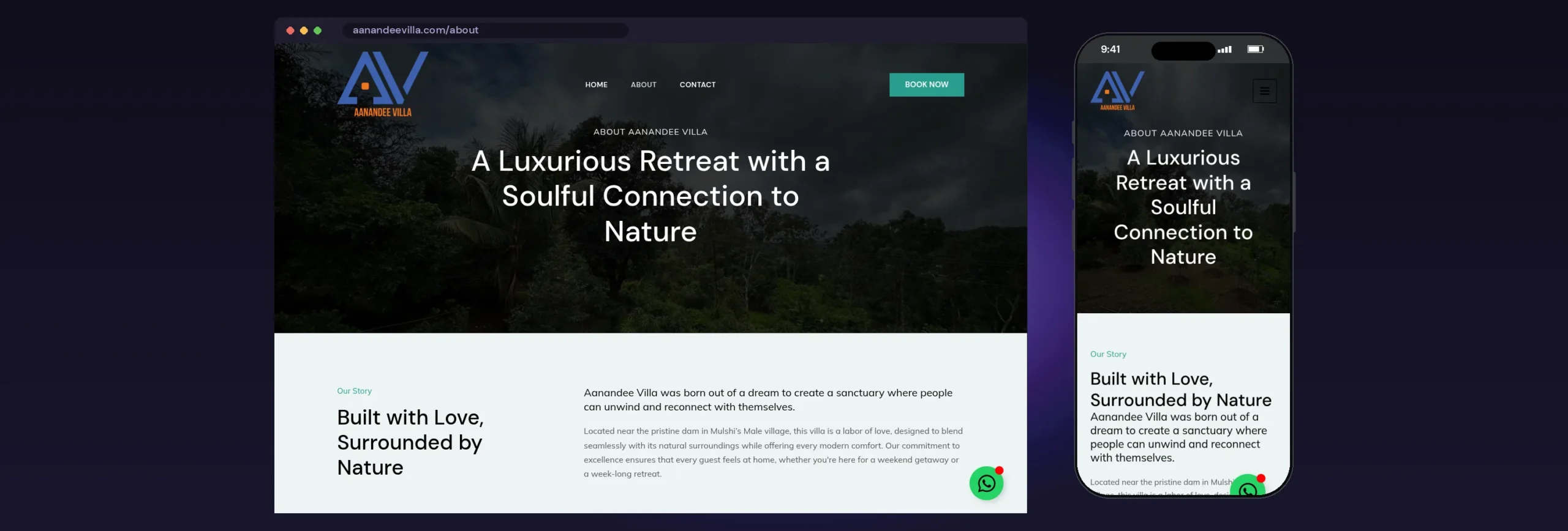 Aanandee Villa website, About page, on desktop and mobile