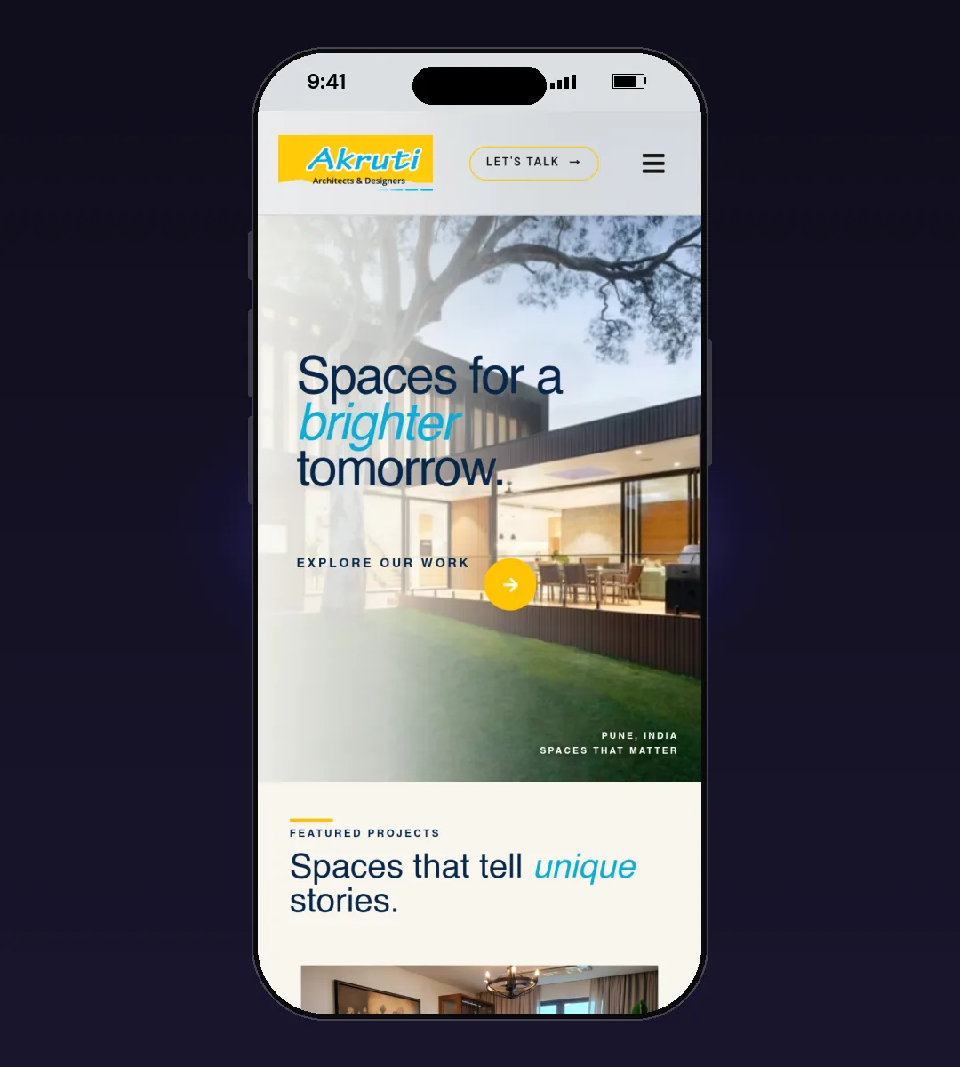 Akruti Architects & Designers website, Home page, on a phone