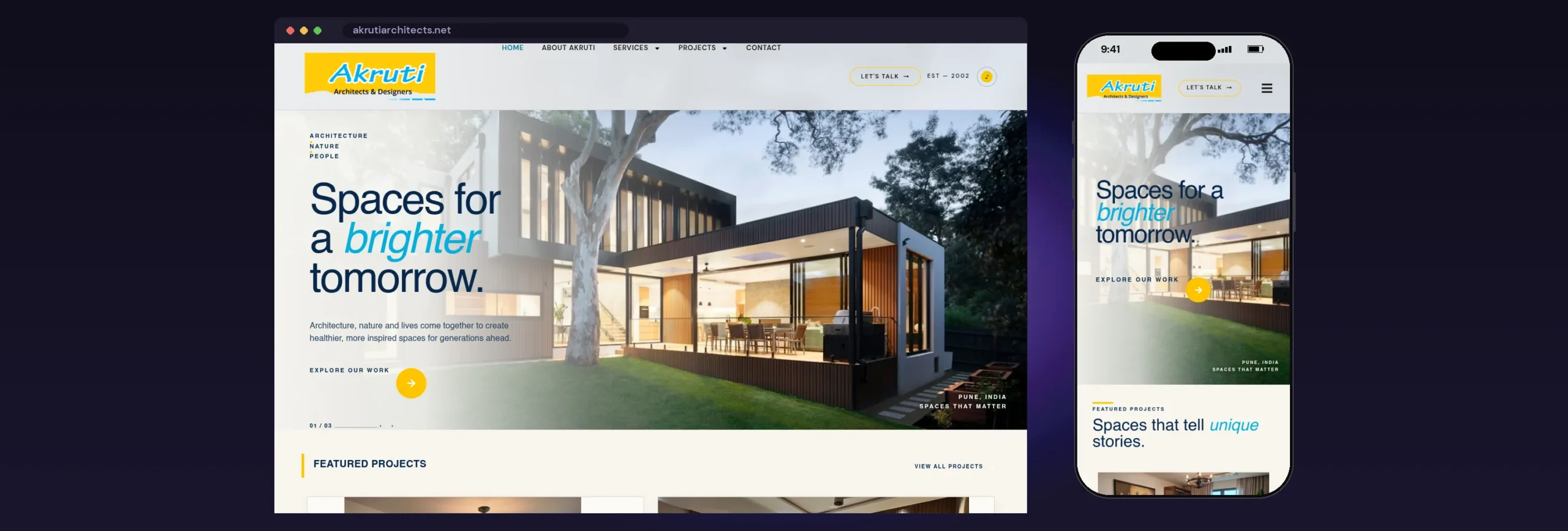 Akruti Architects & Designers website, Home page, on desktop and mobile