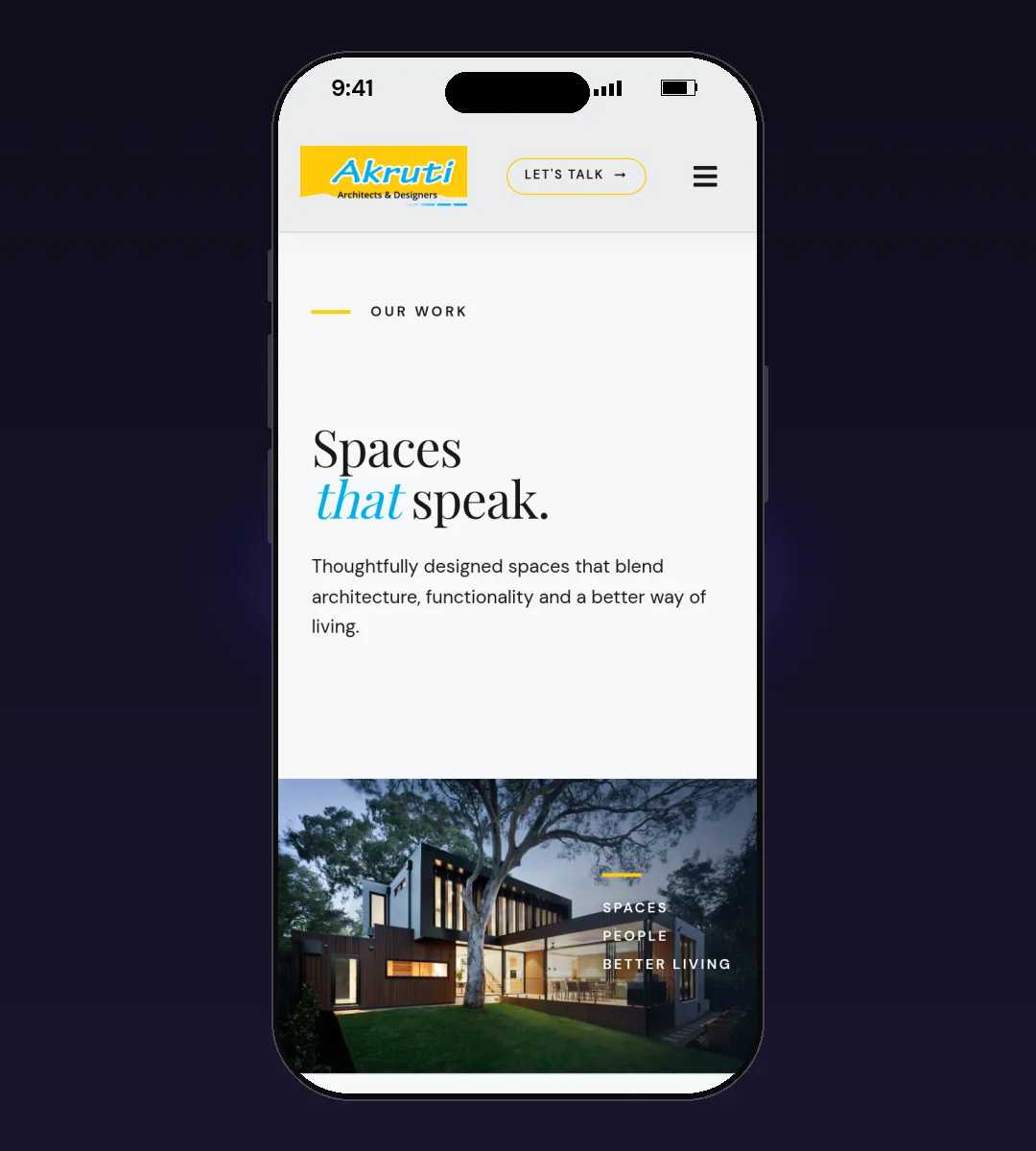 Akruti Architects & Designers website, Projects page, on a phone