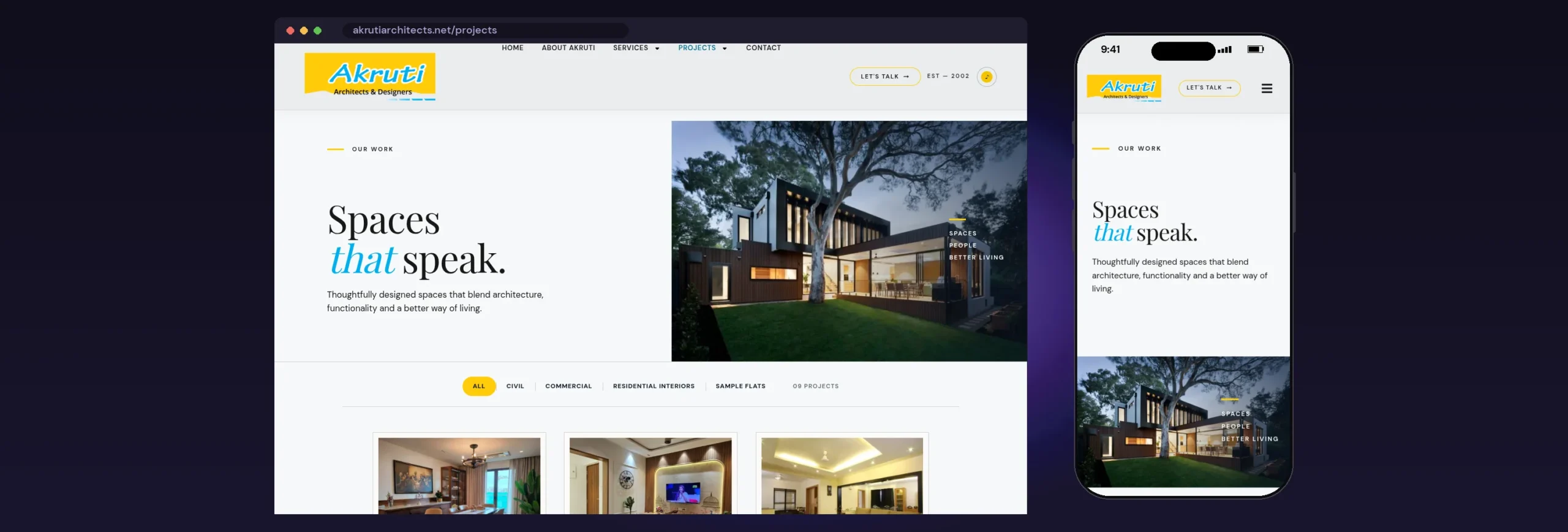 Akruti Architects & Designers website, Projects page, on desktop and mobile