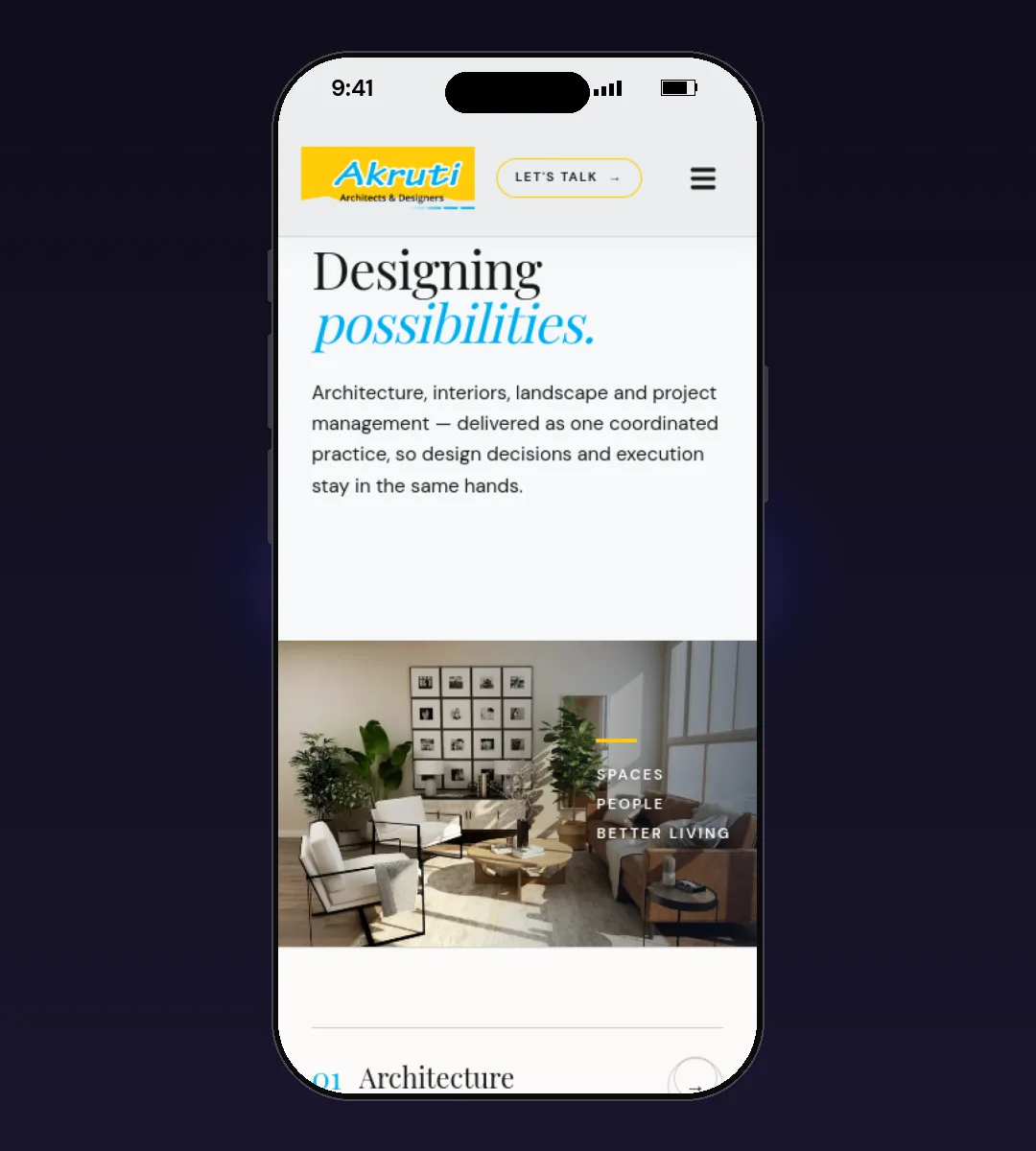 Akruti Architects & Designers website, Services page, on a phone