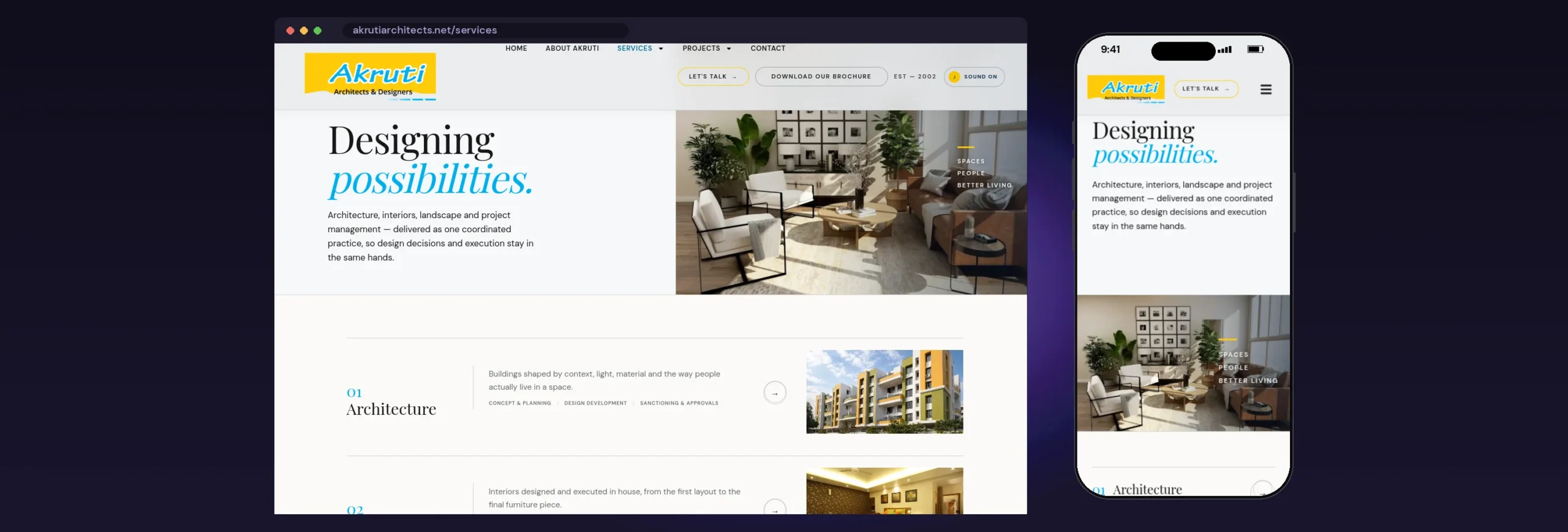 Akruti Architects & Designers website, Services page, on desktop and mobile