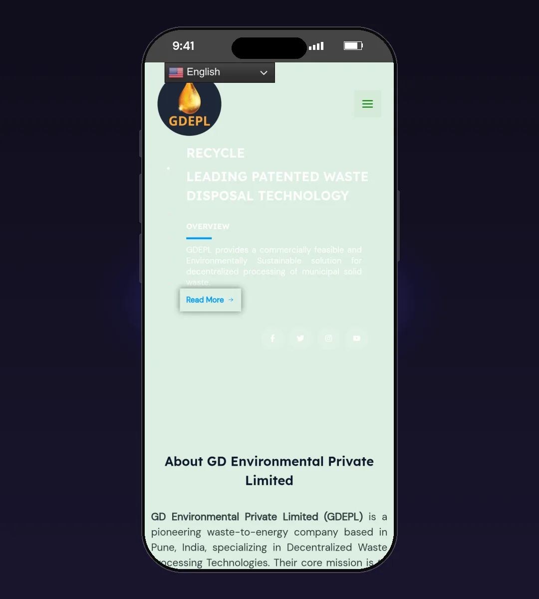 GD Environmental (GDEPL) website, Home page, on a phone