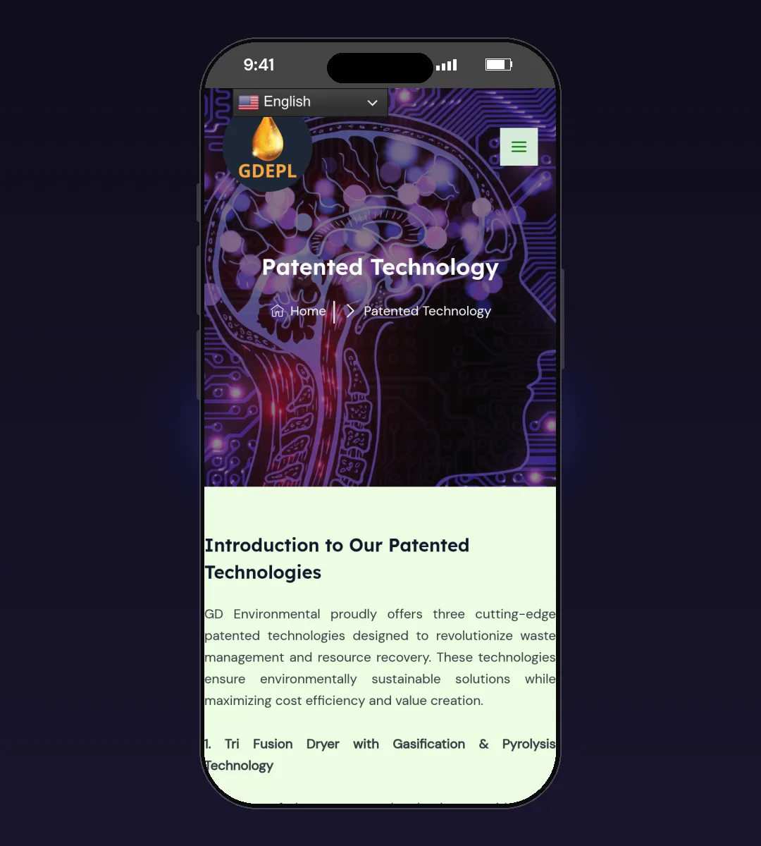GD Environmental (GDEPL) website, Patented Technology page, on a phone