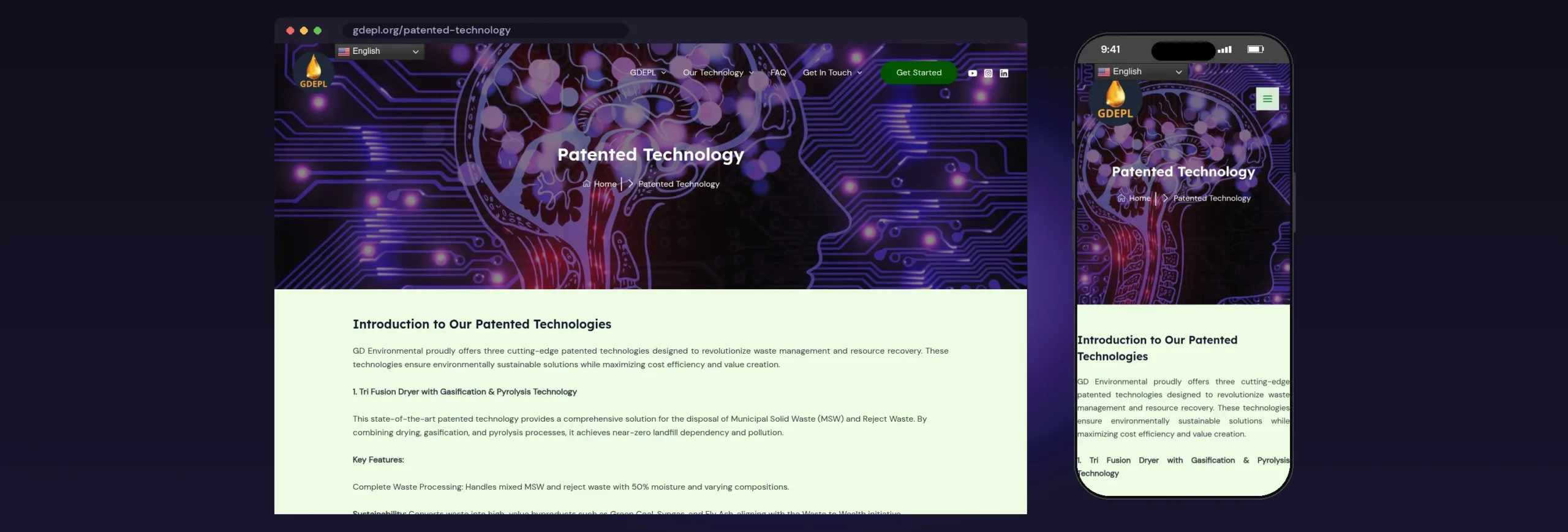 GD Environmental (GDEPL) website, Patented Technology page, on desktop and mobile
