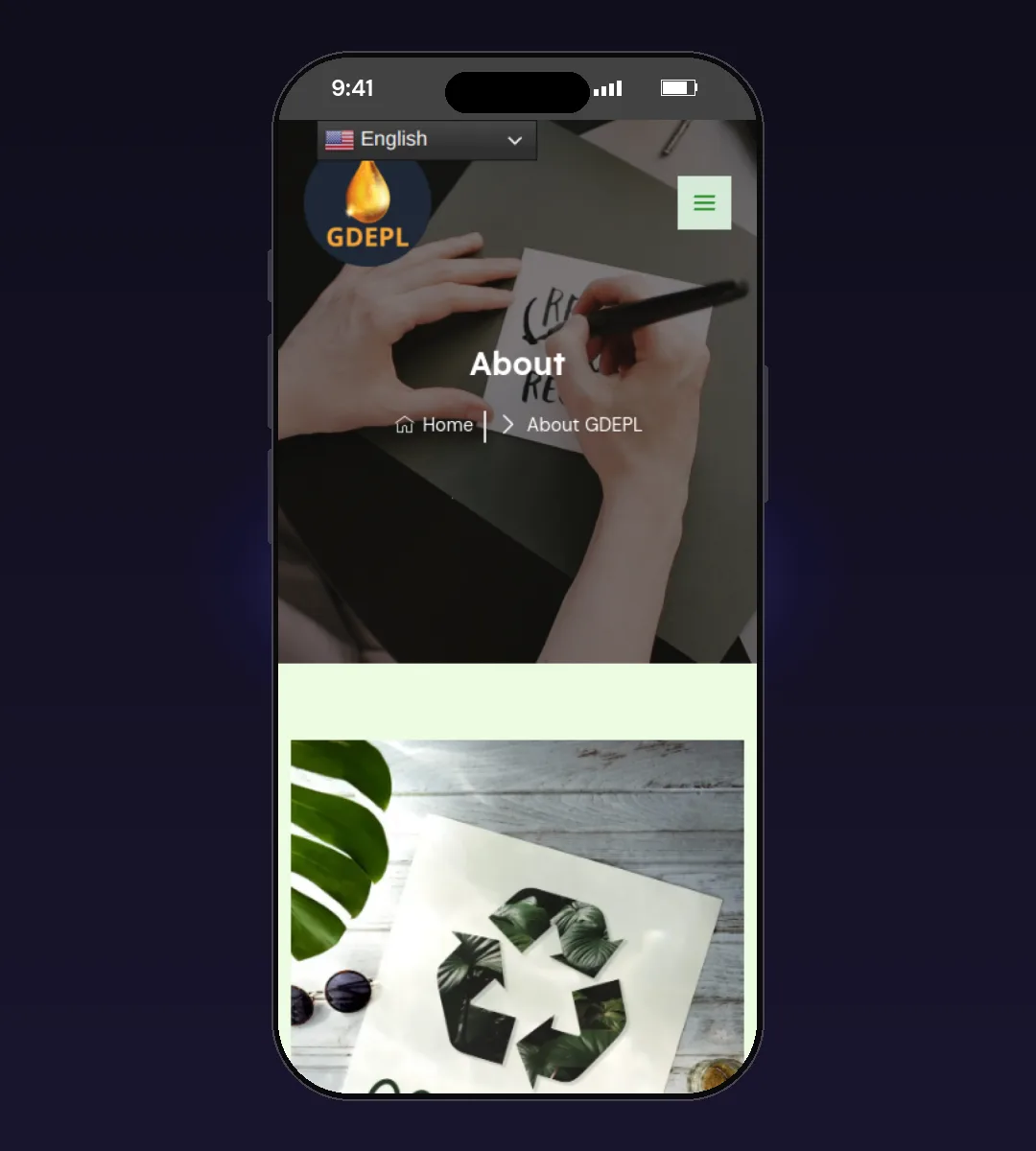 GD Environmental (GDEPL) website, About page, on a phone