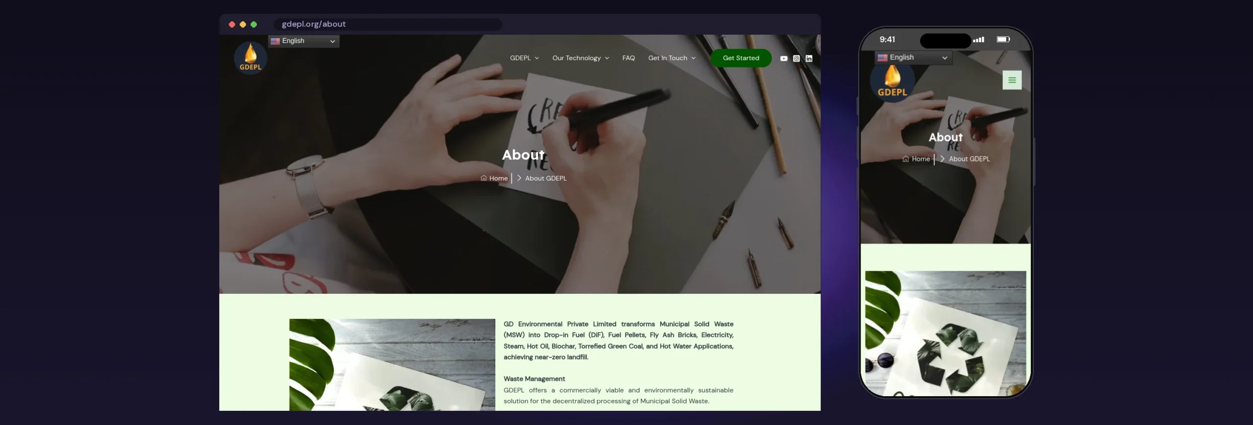 GD Environmental (GDEPL) website, About page, on desktop and mobile
