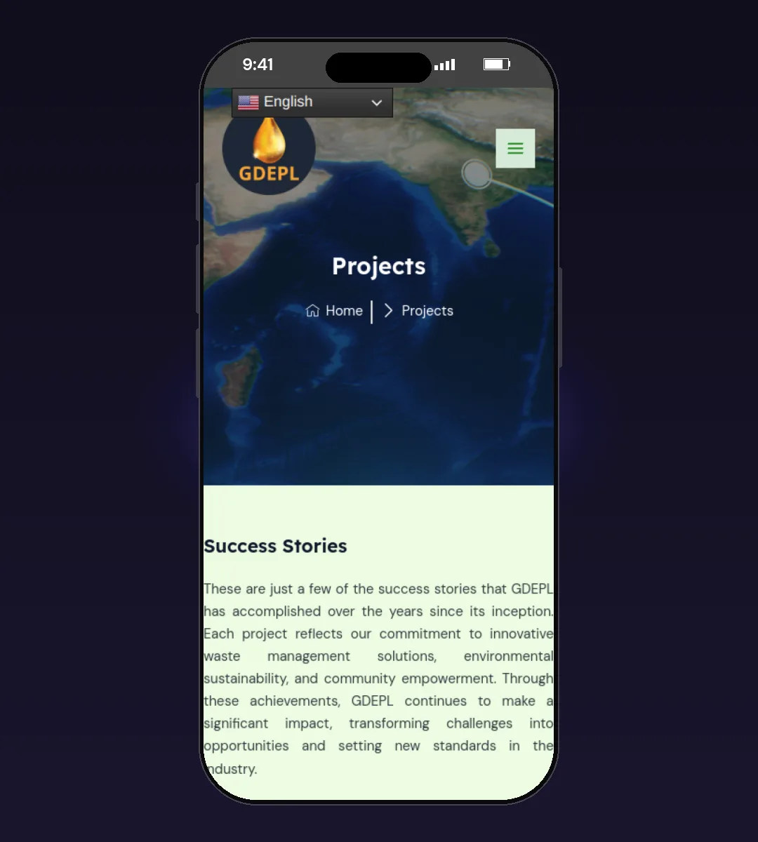 GD Environmental (GDEPL) website, Success Stories page, on a phone