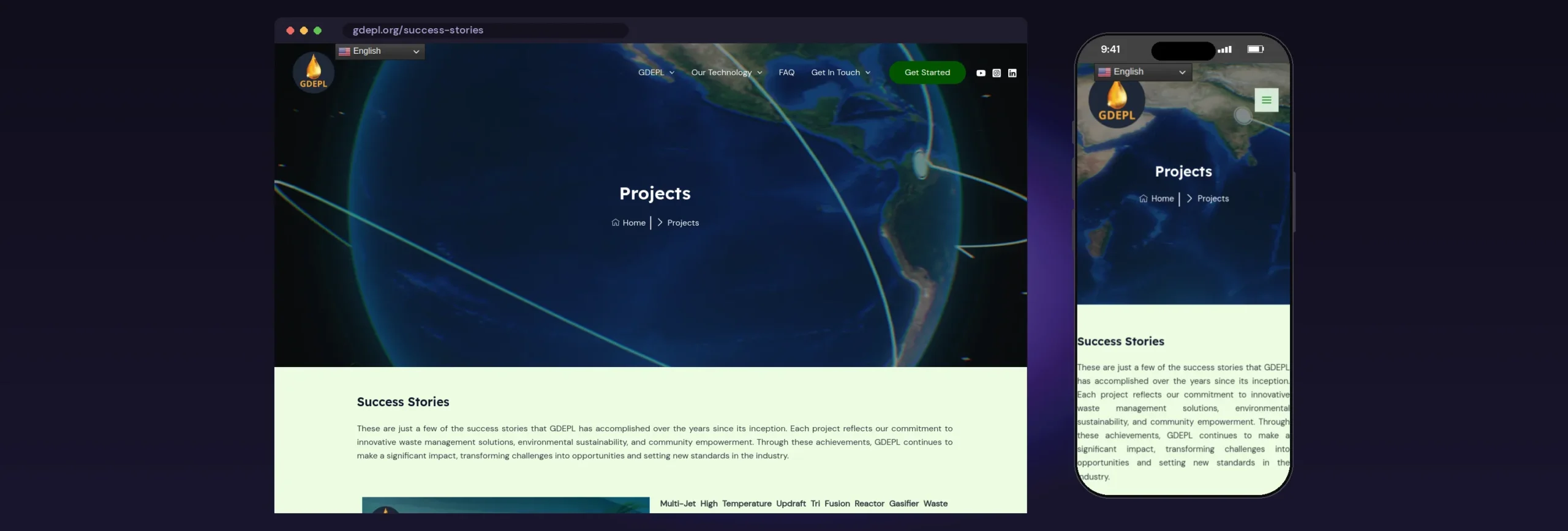 GD Environmental (GDEPL) website, Success Stories page, on desktop and mobile