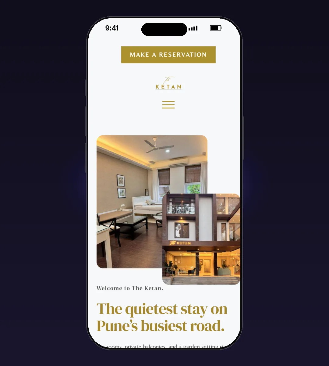 Hotel Ketan website, Home page, on a phone