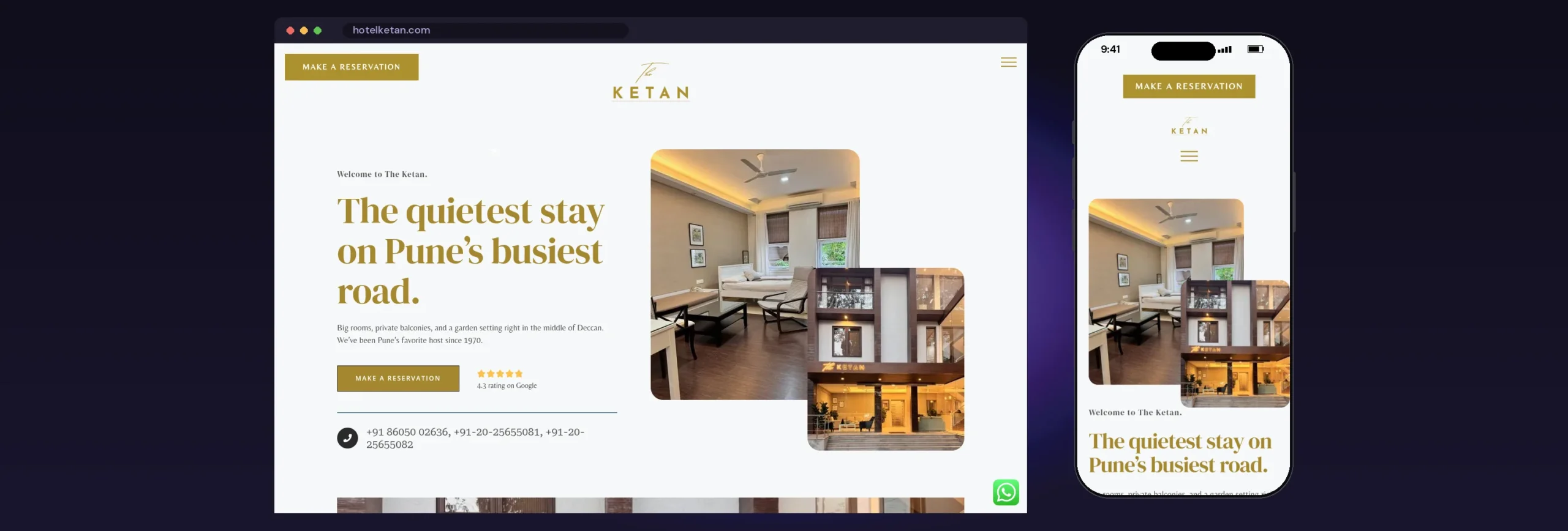 Hotel Ketan website, Home page, on desktop and mobile