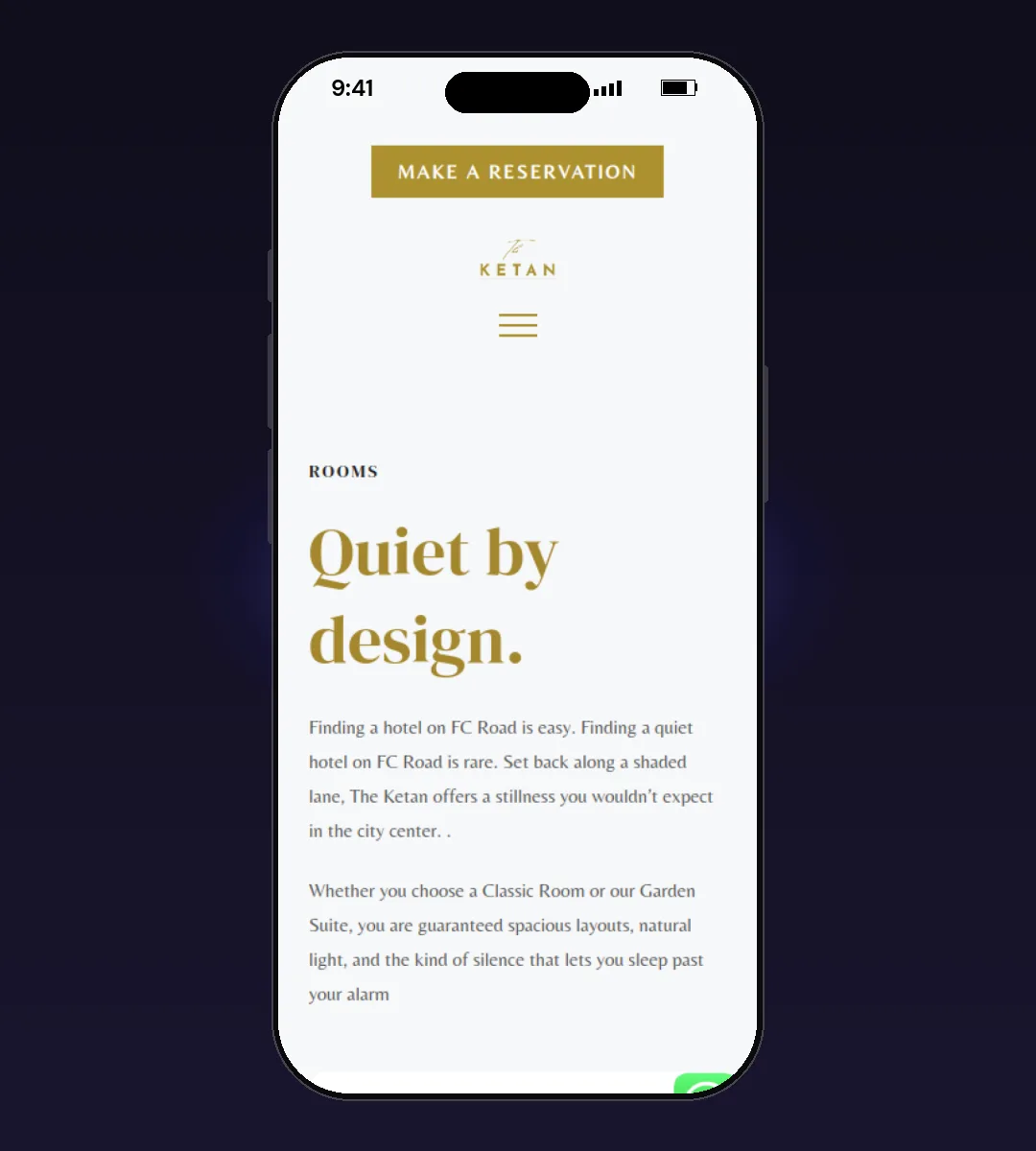 Hotel Ketan website, Allrooms page, on a phone