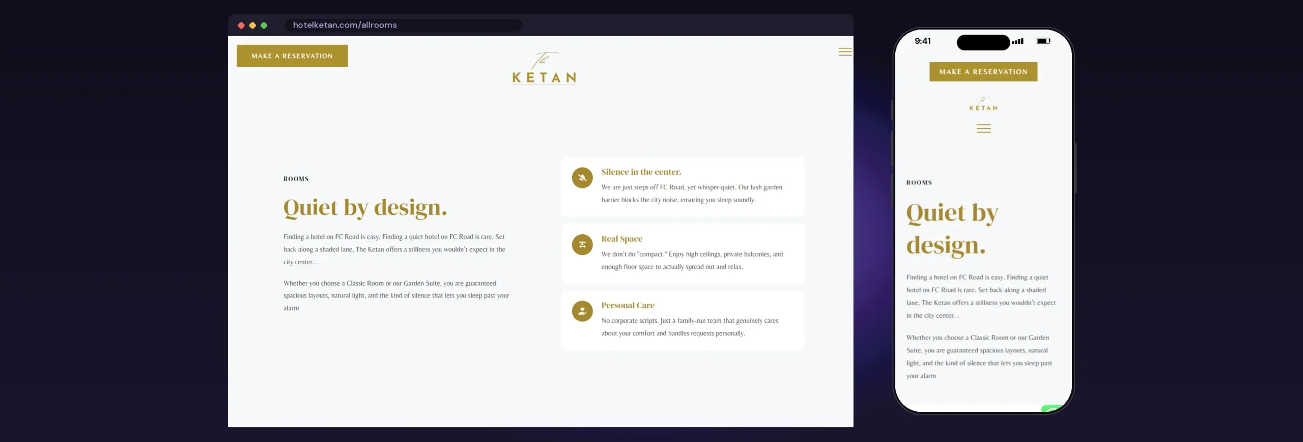 Hotel Ketan website, Allrooms page, on desktop and mobile