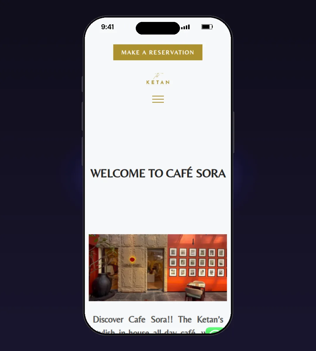 Hotel Ketan website, Cafesora page, on a phone