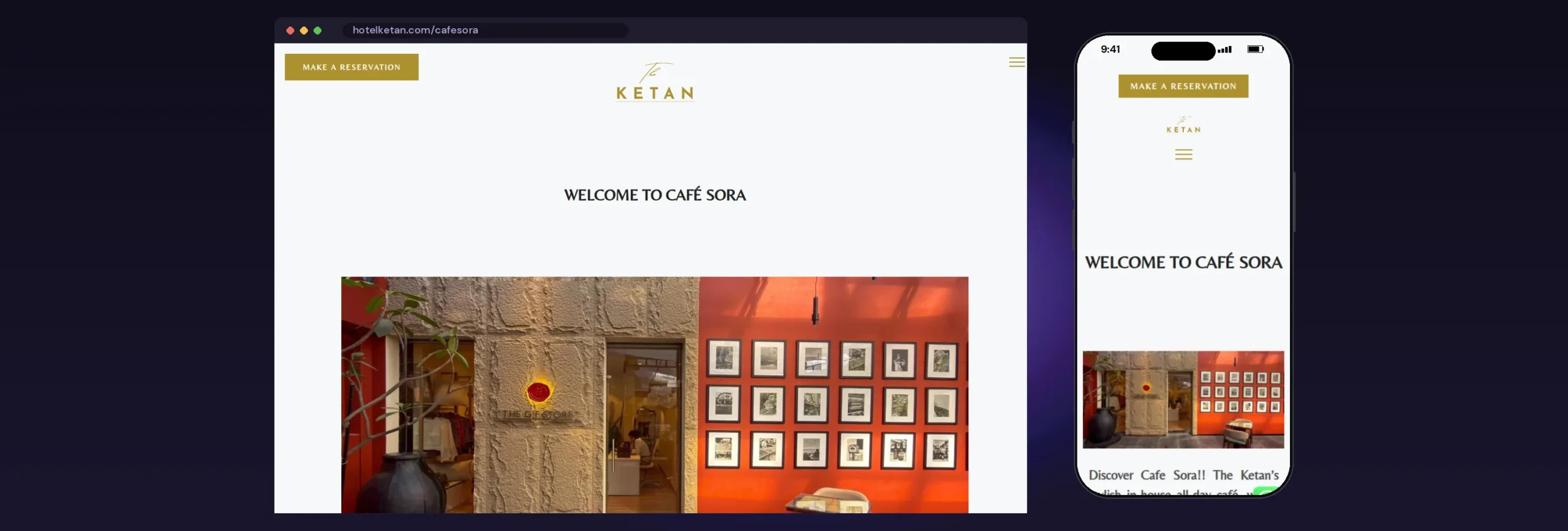 Hotel Ketan website, Cafesora page, on desktop and mobile
