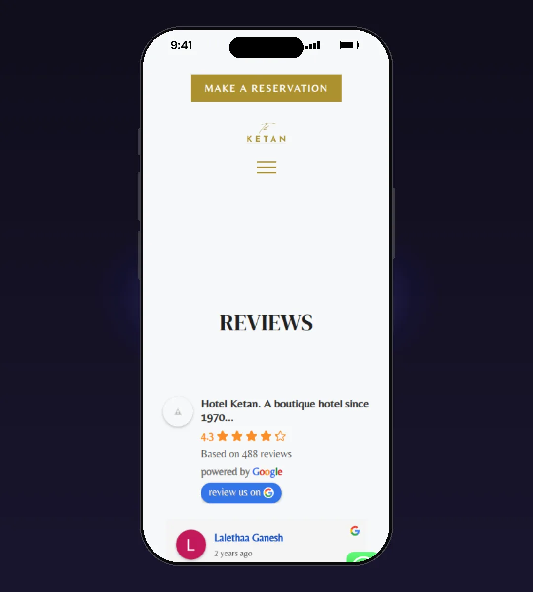 Hotel Ketan website, Reviews page, on a phone