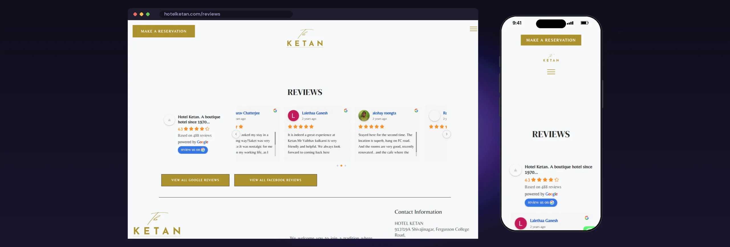 Hotel Ketan website, Reviews page, on desktop and mobile