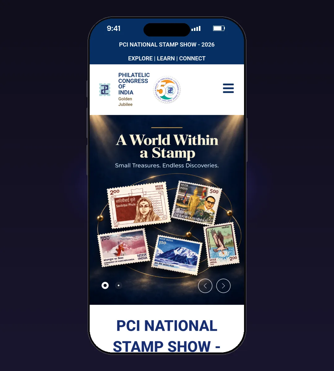 PCI National Stamp Show website, Home page, on a phone