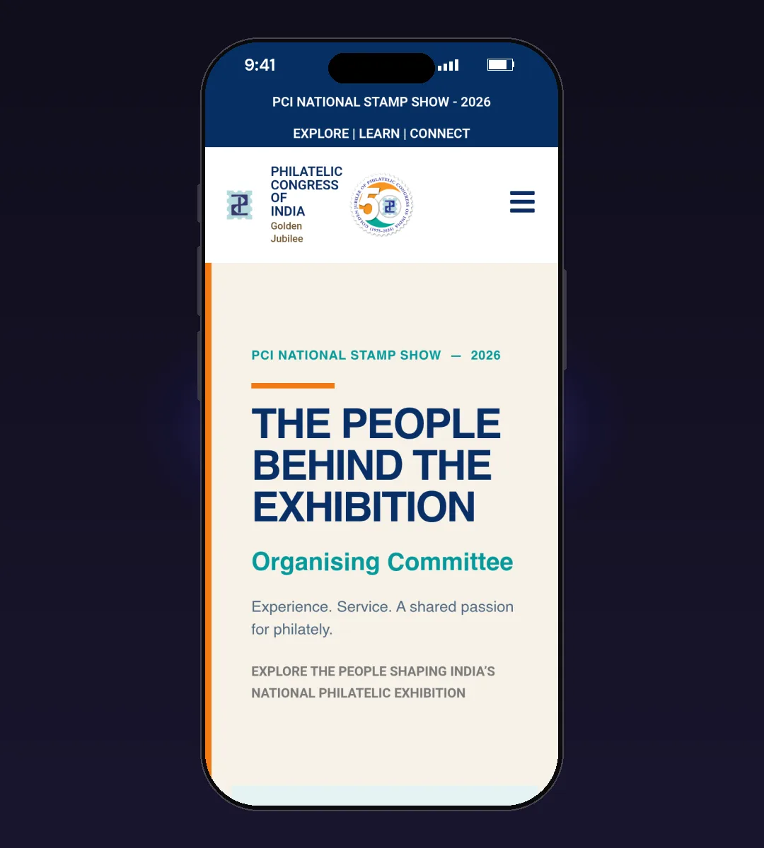 PCI National Stamp Show website, Organising Committee page, on a phone