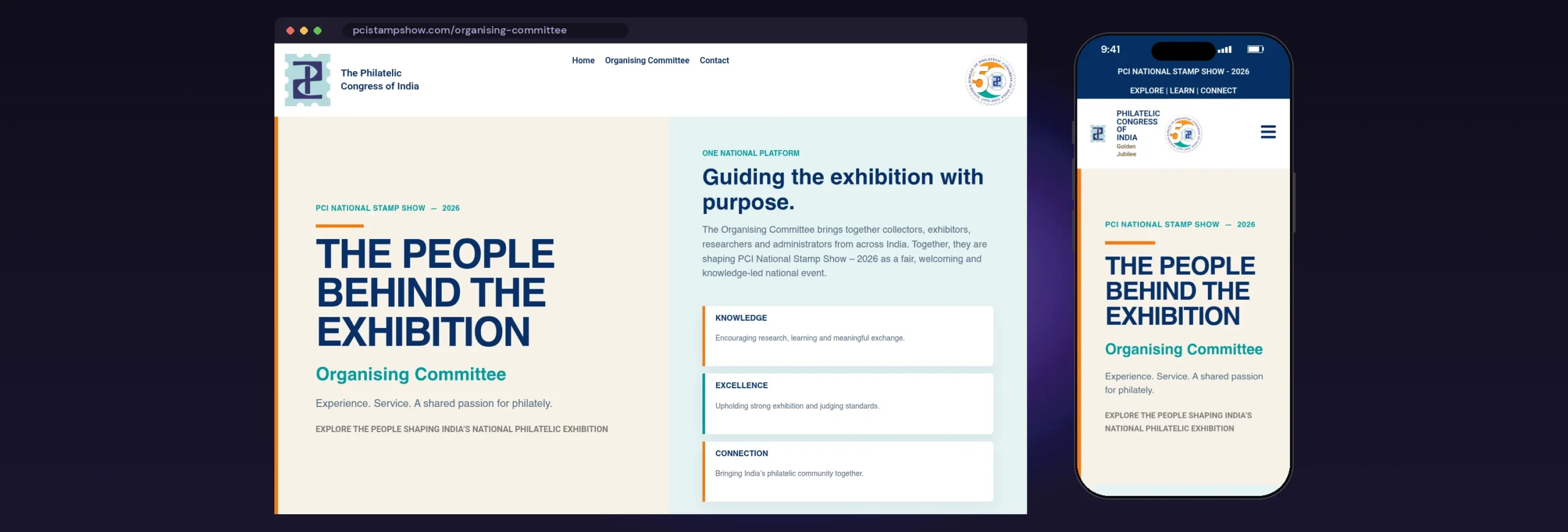PCI National Stamp Show website, Organising Committee page, on desktop and mobile