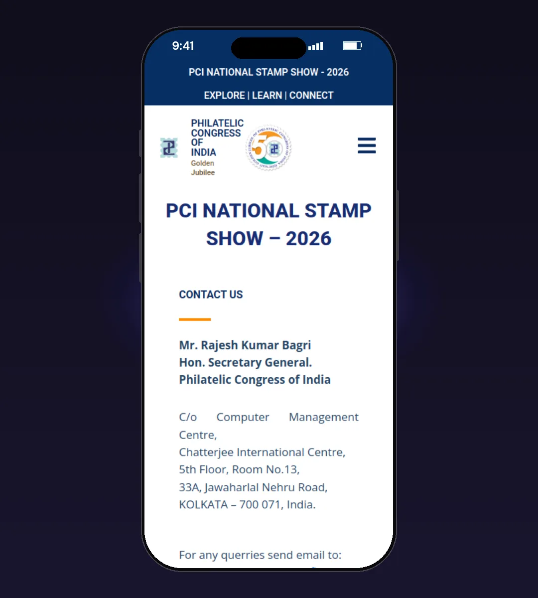 PCI National Stamp Show website, Contact Us page, on a phone