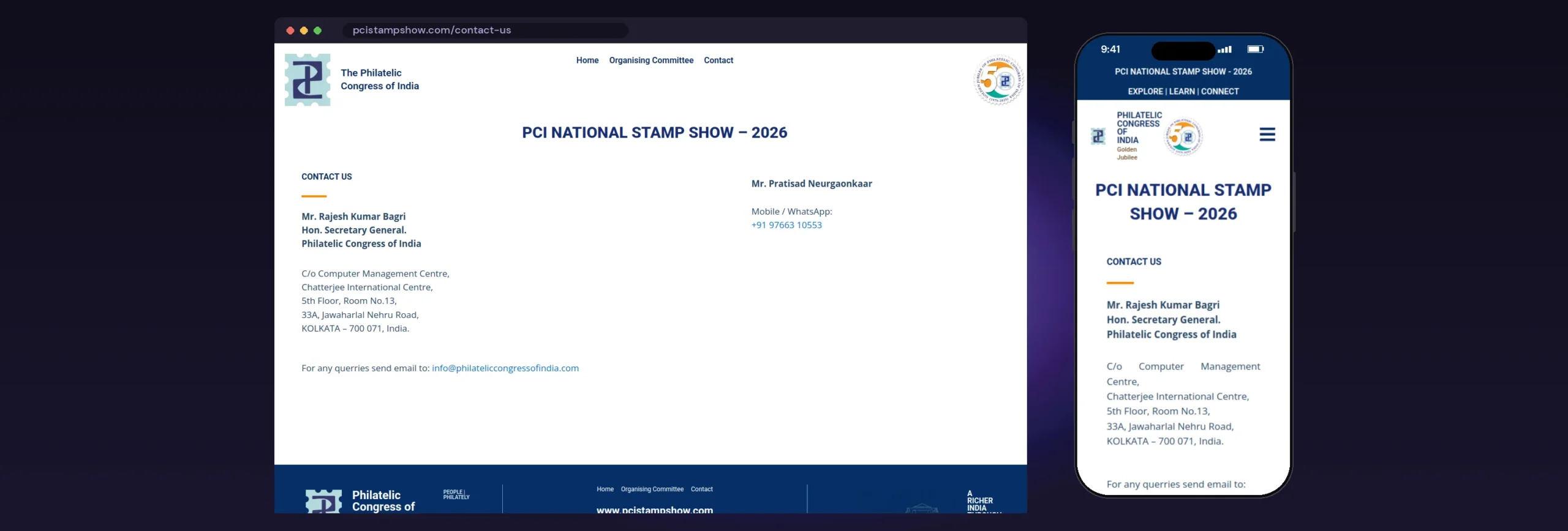 PCI National Stamp Show website, Contact Us page, on desktop and mobile