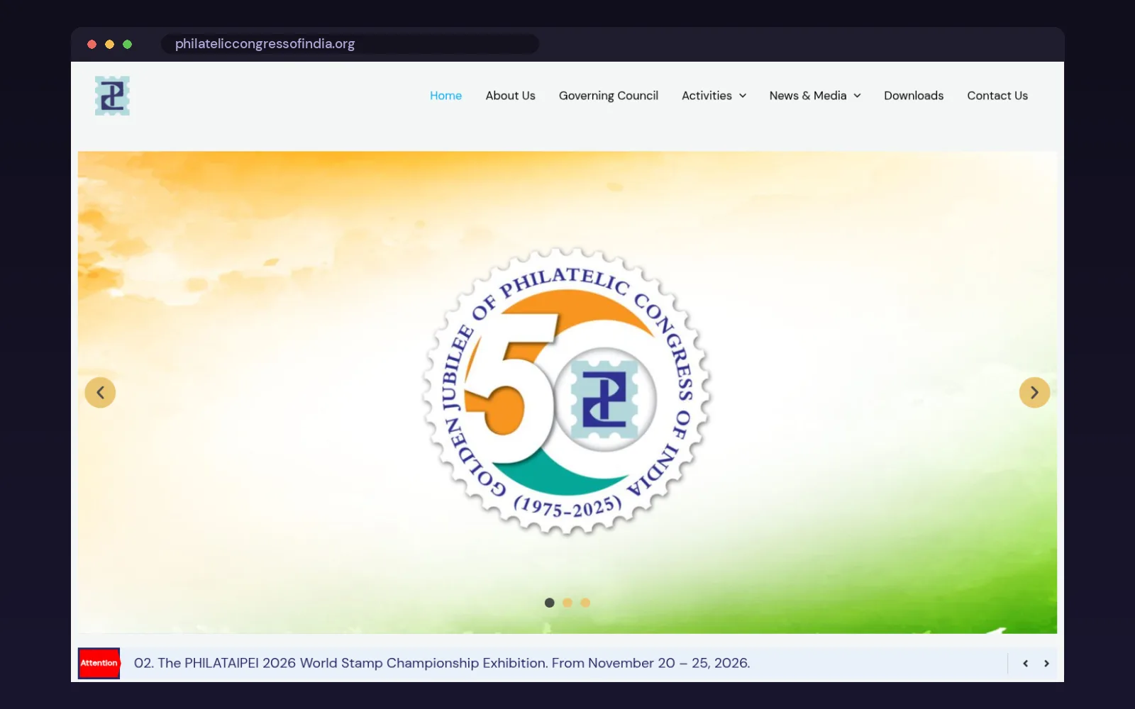 Philatelic Congress of India website home page