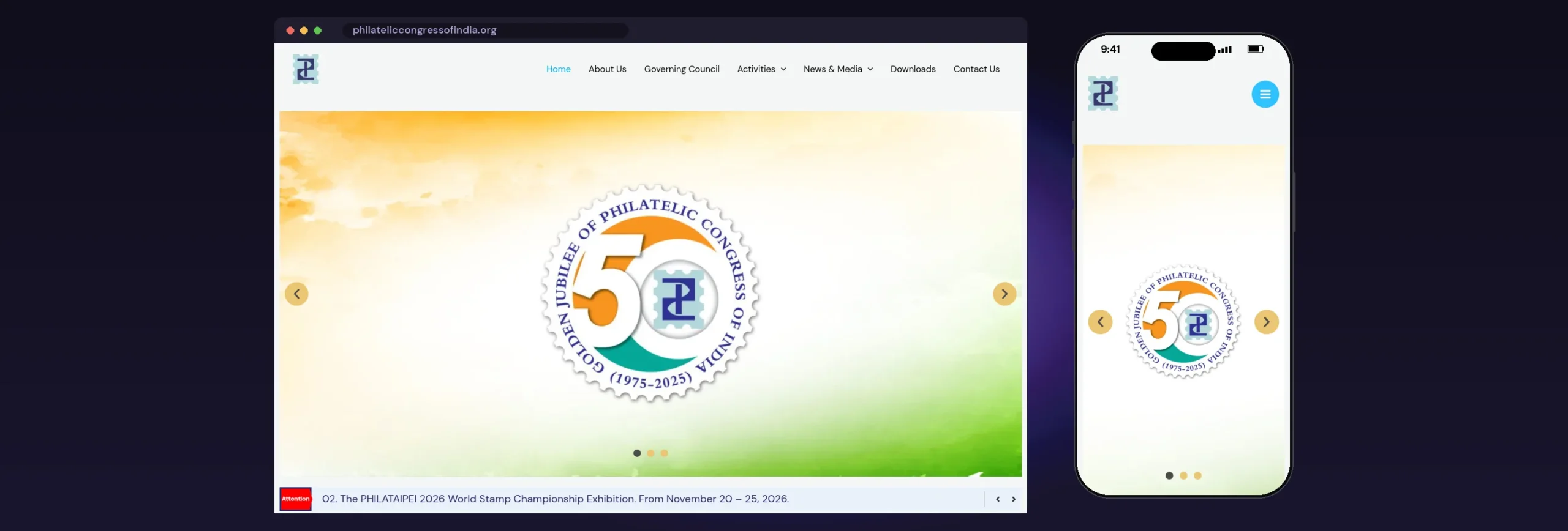 Philatelic Congress of India website, Home page, on desktop and mobile