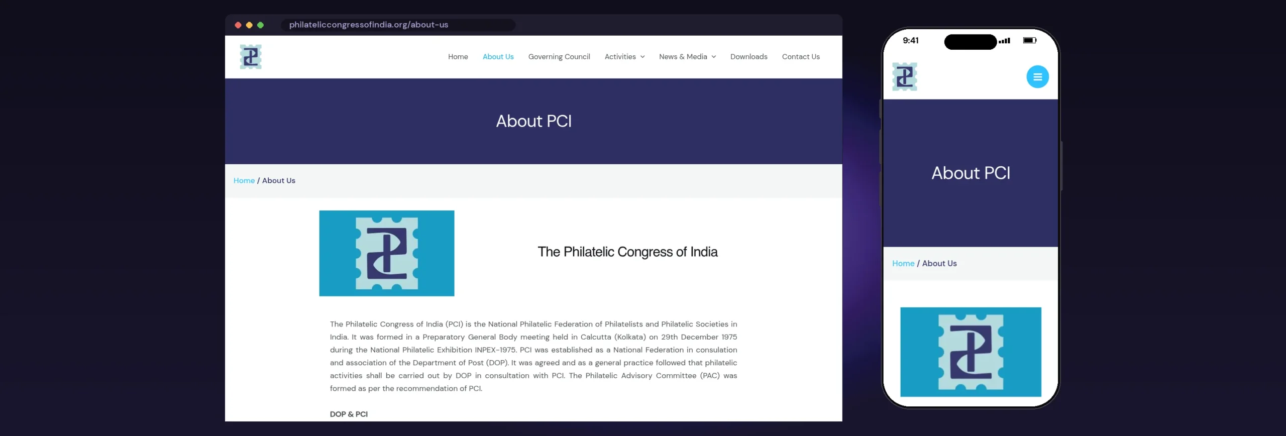 Philatelic Congress of India website, About Us page, on desktop and mobile