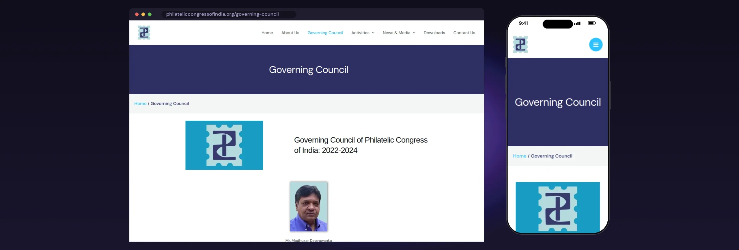 Philatelic Congress of India website, Governing Council page, on desktop and mobile