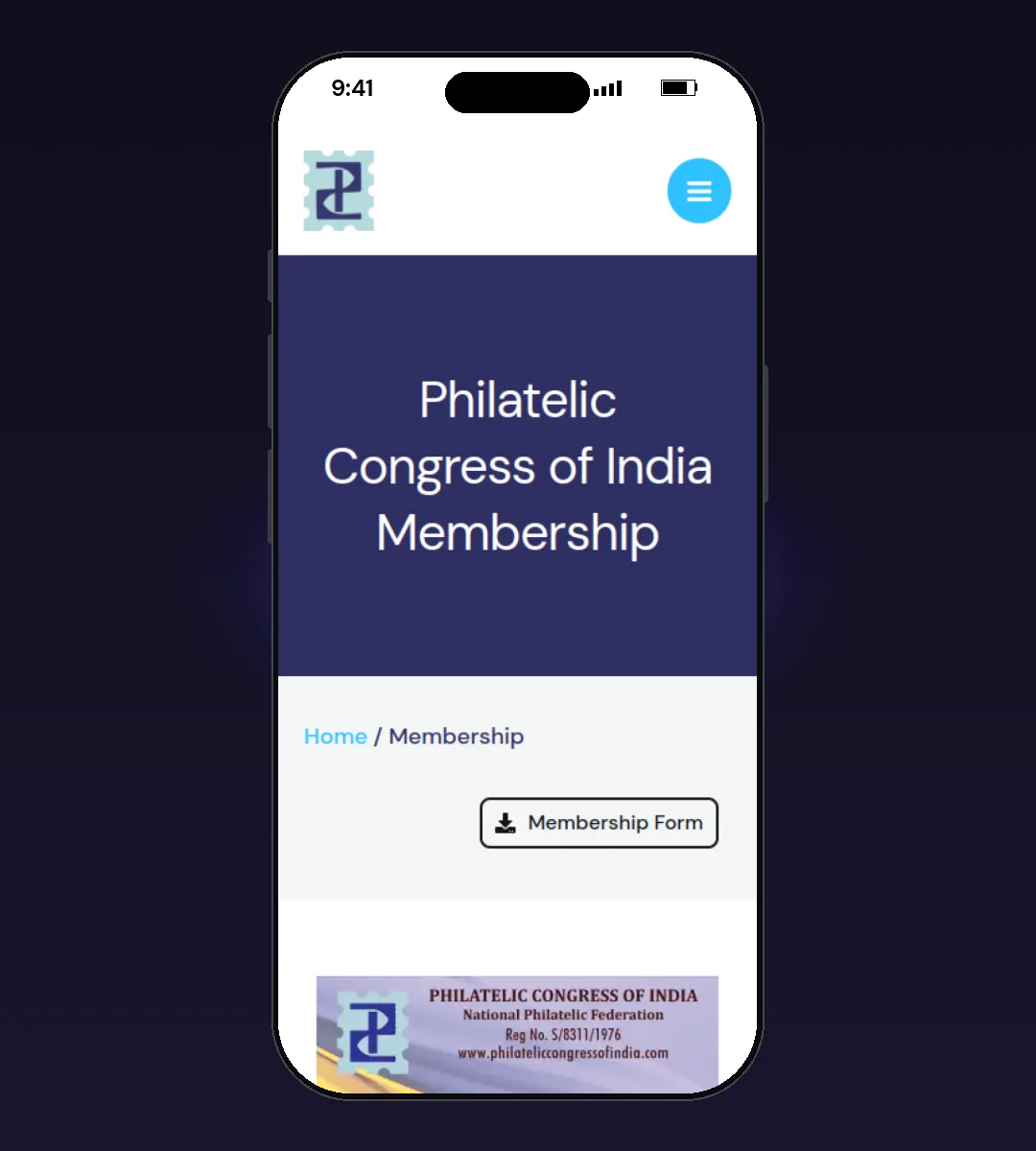 Philatelic Congress of India website, Membership page, on a phone