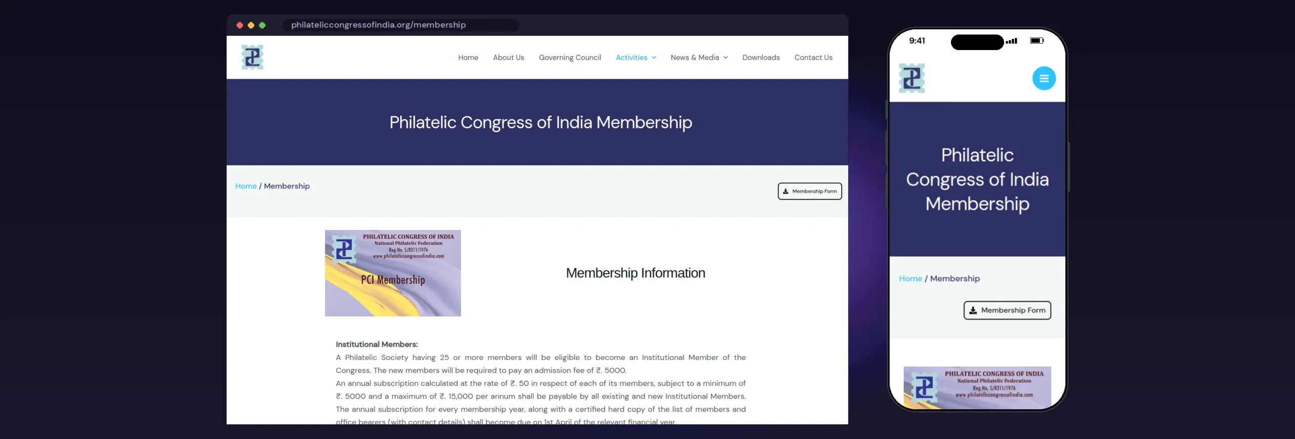 Philatelic Congress of India website, Membership page, on desktop and mobile
