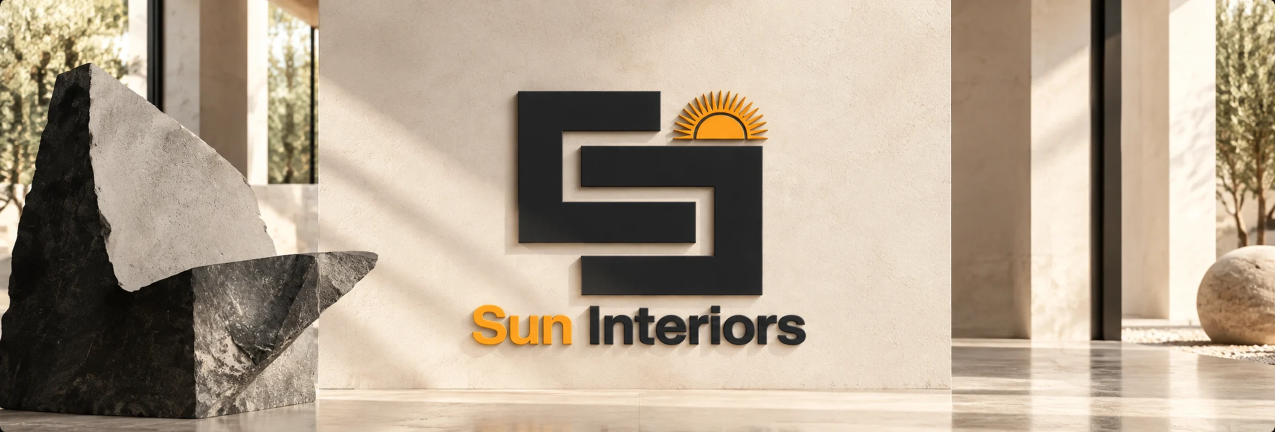 Sun Interiors logo on a sculptural stone wall